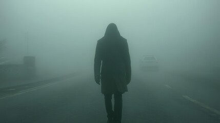 Mysterious Figure Walking in Dense Fog on Empty Road