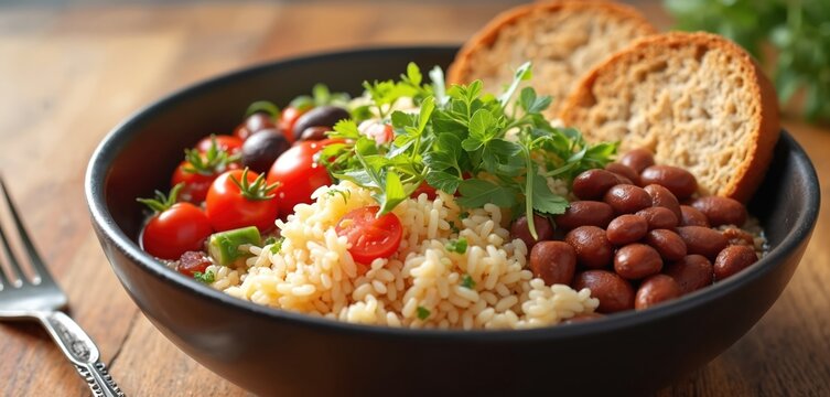 Nutritious rice bowl filled with healthy kidney beans, fresh cherry tomatoes, black olives, vibrant green herbs. Two toasted whole grain bread slices complement complete plant-based meal. Balanced