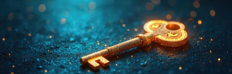 Golden key resting on a shimmering blue background with sparkling bokeh. The illustration evokes ideas of success access luxury unlocking opportunities. Great for business and design projects.