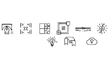 Icons for content workflow: pen tool, camera frame, layout grid, social post square, video timeline, idea spark, bookmark tag, upload icon