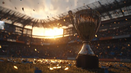 Shiny Trophy on Field at Sunset with Celebration Confetti