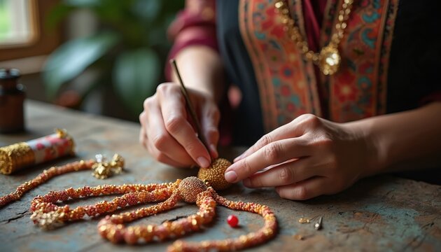 Artisan crafting beaded jewelry. A woman carefully works on a necklace using beads. Handmade craft skills are apparent in this close up of the creation.