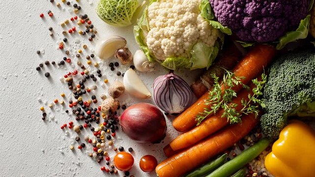 Assortment of fresh raw vegetables and spices in a bright, colorful display
