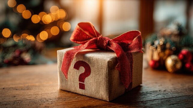 Wrapped Gift Box with Red Ribbon and Question Mark - Powered by Adobe