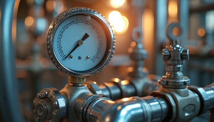 Close up industrial pressure gauge needle points to measurement on scale. Metal pipes and valves connect complex machinery system in factory.