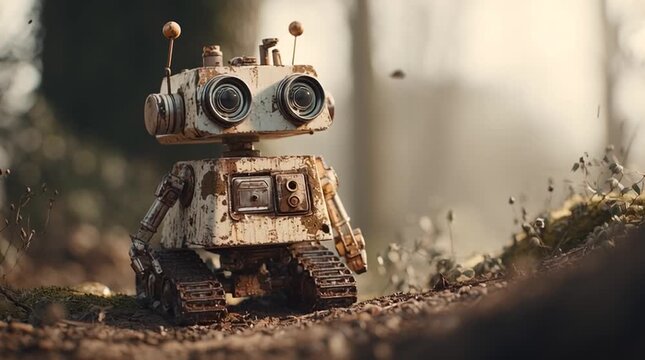 Vintage Robot Explorer Navigating a Rustic Terrain on a Sunny Day Adventure