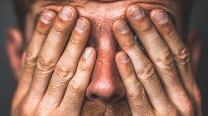 Fototapeta premium Man Covering Face with Hands Showing Emotion and Expression