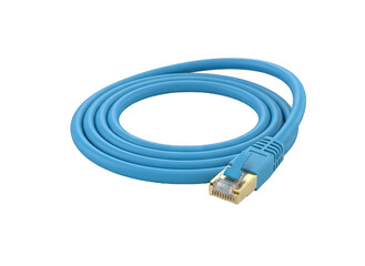 A vibrant blue network cable with a gold-plated RJ45 connector coiled neatly on a plain black background creating a visually appealing contrast.