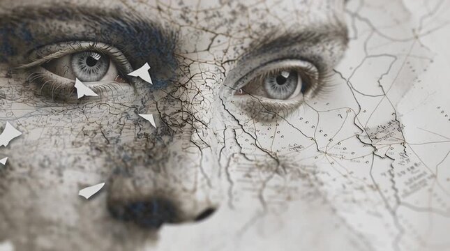 Conceptual portrait featuring a woman's face adorned with a map texture design