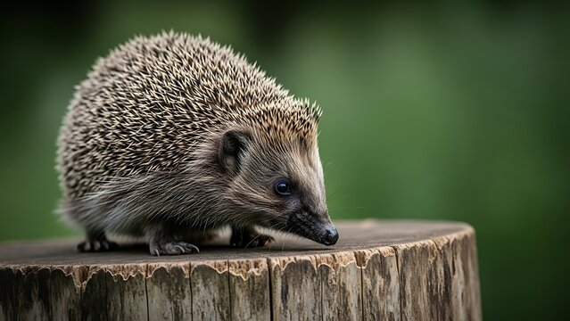 European hedgehog on a tree stump in a natural green environment - Powered by Adobe