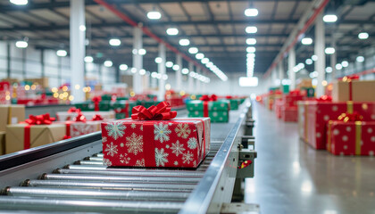 Christmas Gift Box on Conveyor Belt in Logistics Warehouse