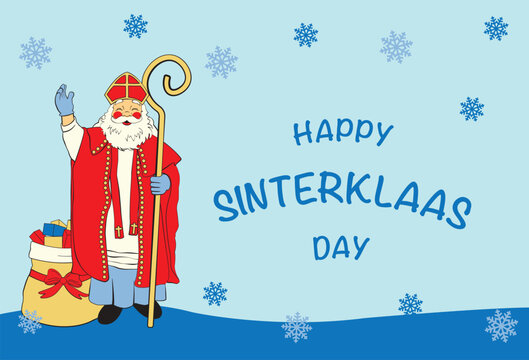 Happy Sinterklaas day greeting card, invitation. Retro style, st. Nicholas with mitre, staff, sack of gifts in a red coat. Vector stock illustration