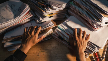 Hands sorting through piles of documents and papers on a desk.