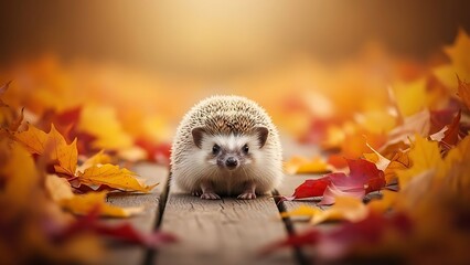Adorable hedgehog walking on a wooden path surrounded by autumn leaves