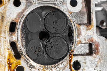A disassembled cylinder head of a modern engine, showing the valves and springs, internal combustion engine repair