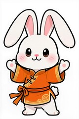 Charming chibi rabbit mascot with big floppy ears, round sparkling eyes, rosy cheeks, smooth brush outlines, wearing orange festive traditional clothing, cheerful playful stance, white background