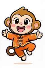 Fototapeta premium Playful chibi monkey mascot with round expressive face, big sparkling eyes, blushy cheeks, soft bold outlines, dressed in orange traditional New Year clothing, energetic fun pose, white background