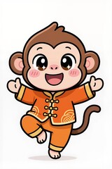 Obraz premium Playful chibi monkey mascot with round expressive face, big sparkling eyes, blushy cheeks, soft bold outlines, dressed in orange traditional New Year clothing, energetic fun pose, white background