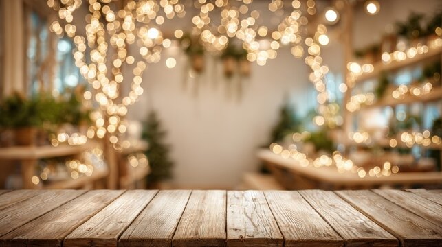 Wooden Table with Blurred Background of Warm Lights and Greenery