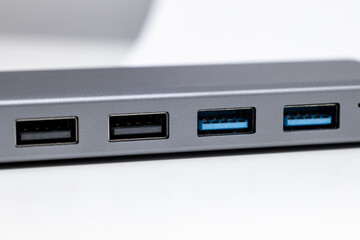 USB hub, docking station for USB 2.0, 3.0, USB ports close-up