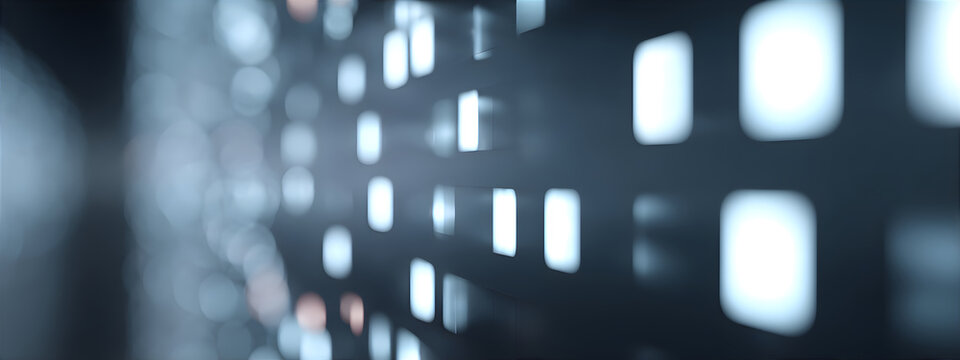 Abstract dark blue background with blurred light squares and bokeh effect. Digital data network or futuristic technology concept. - Powered by Adobe