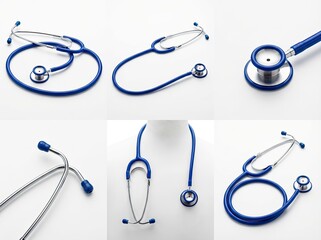 Various views of a blue stethoscope on a clean white background