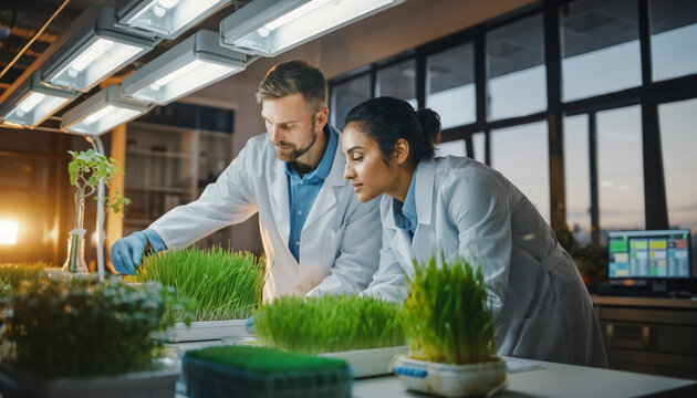 Scientists examining plants in a laboratory under artificial light.