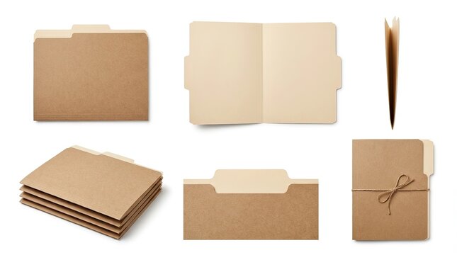 Collection of brown kraft paper file folders with tabs isolated on white background