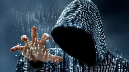 Hooded hacker cyber security data breach binary code dark hood anonymous figure digital intrusion cybercrime data stream mysterious hacker hood cyber - Powered by Adobe