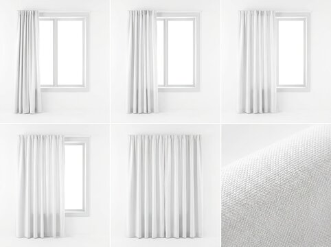 Minimalist white curtains in different arrangements with a close-up of the fabric
