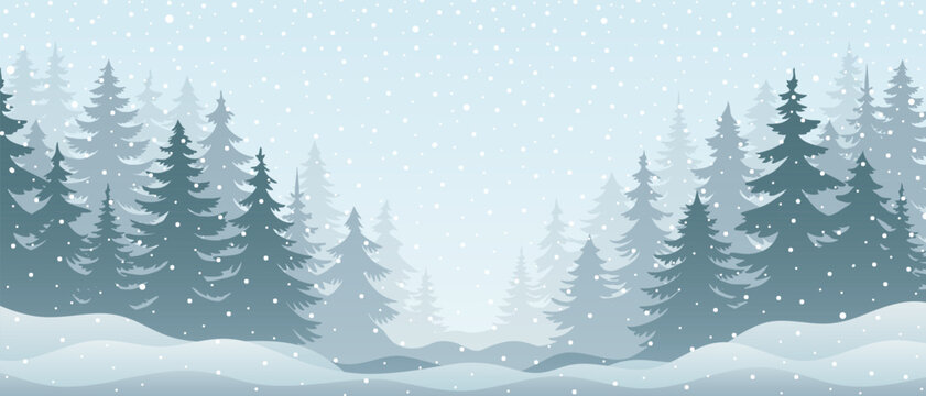 Winter minimalistic landscape, forest and snowfall, vector illustration