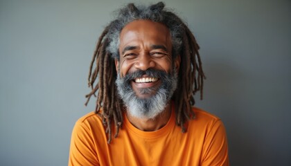 Middle aged man with long grey dreadlocks and orange shirt smiles. He has a grey beard. Happy male portrait with confident expression. Joyful face.