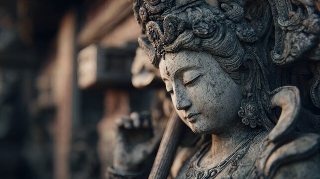 Stone sculpted deity image capturing ancient religious artistry, balinese culture