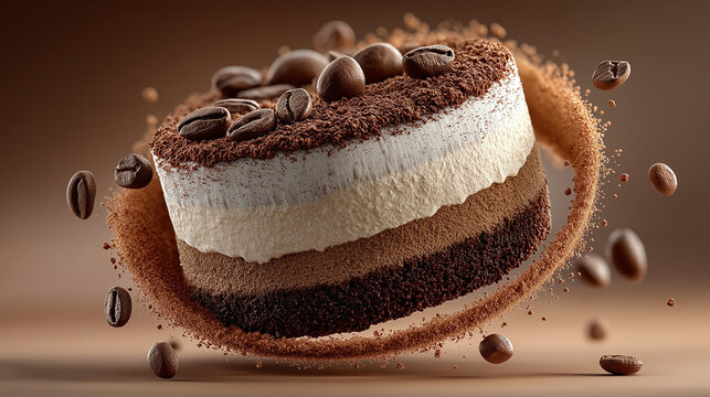 Artfully crafted multi-layered coffee dessert with rich cream and chocolate, adorned by roasted beans and a dynamic swirl of cocoa powder, a true explosion of delightful flavors