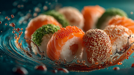 A delicious assortment of fresh sushi rolls artfully arranged in a splash of water, showcasing vibrant colors and textures