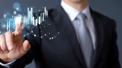 Business enterprise analytics touchscreen chart with businessperson finger pointing glowing financial bar graph and network data visualization - Powered by Adobe