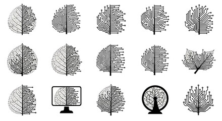 Digital leaf and tree icons blend nature's beauty with cutting edge technology for innovative branding and modern design projects