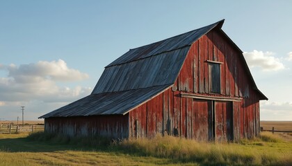 Obraz premium Old red wooden barn stands in open rural field under clear blue sky. Weathered paint peels from building structure. Farm structure shows signs of decay, abandonment. Rustic shed sits alone on vast