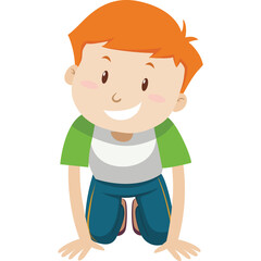 Smiling young boy with short orange hair wearing a white grey and green t-shirt and blue pants on a transparent background