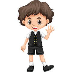 Smiling Young Boy With Wavy Brown Hair Wearing A Black Vest And Shorts Waving Hello With A Friendly Expression Isolated On Transparent Background