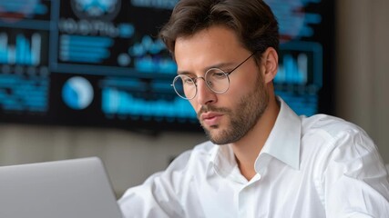 Young businessman enterprise analytics laptop screen with data chart and graph visualization modern office focused professional analyzing financial - Powered by Adobe