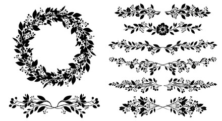 Elegant black floral wreath and decorative borders perfect for wedding invitations, greeting cards, and branding projects for a touch of natural beauty.