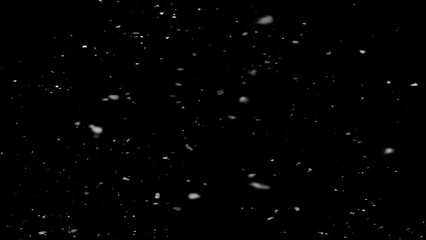 Winter freeze motion of white snow coming down, isolated on black background. Snowfall texture overlays.