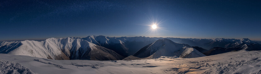Stunning winter sunrise over snow-capped mountains high altitude panorama serene natural landscape outdoor view