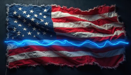 Tattered American flag with frayed edges. A glowing blue line cuts across its red and white stripes and blue star field. Grunge textured fabric.