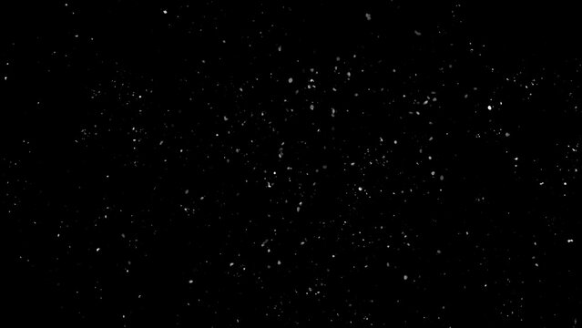 Winter freeze motion of white snow coming down, isolated on black background. Snowfall texture overlays.