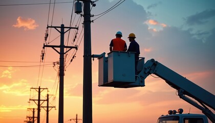 Obraz premium Two electricians work on power lines from a boom truck at dusk. They wear hard hats and vests against a colorful sunset sky. Utility workers maintain electricity infrastructure high above.