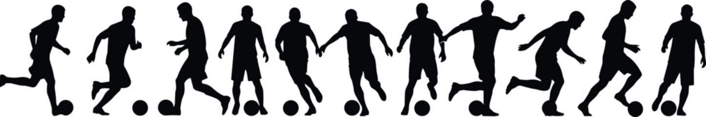Soccer player silhouettes set, football man running with ball, sport action vector collection isolated on white background.