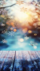 unanimity. Winter wooden surface with gentle snowfall, cold seasonal atmosphere. travel magazines, destination branding, designed for outdoor magazines and nature guides, inspires travel planning.