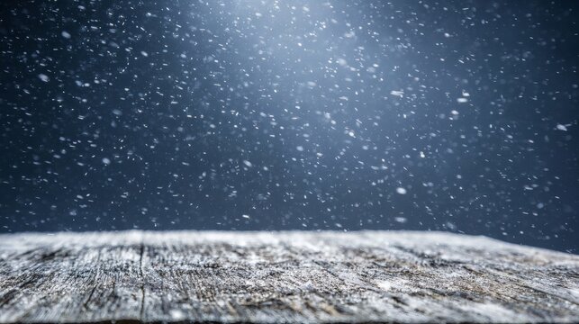 unanimity. Winter wooden surface with gentle snowfall, cold seasonal atmosphere. travel magazines, destination branding, designed for outdoor magazines and nature guides, inspires travel planning.